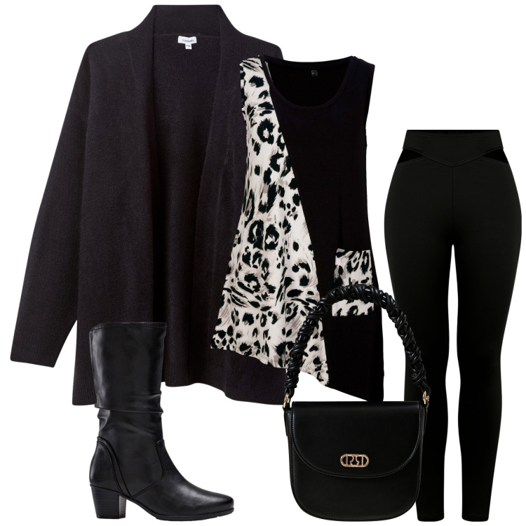 Outfit donna - Halloween. Stile Trendy per Serata fuori. Abbinamento con stivali, top, cardigans, borse a mano, pantaloni skinny.