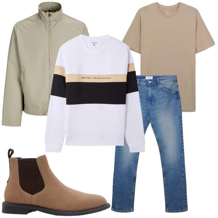 Outfit uomo - Felpa senza cappuccio. Stile Urban per Tutti i giorni. Abbinamento con stivali e stivaletti, giacche, felpe con cappuccio, t-shirt, jeans dritti.