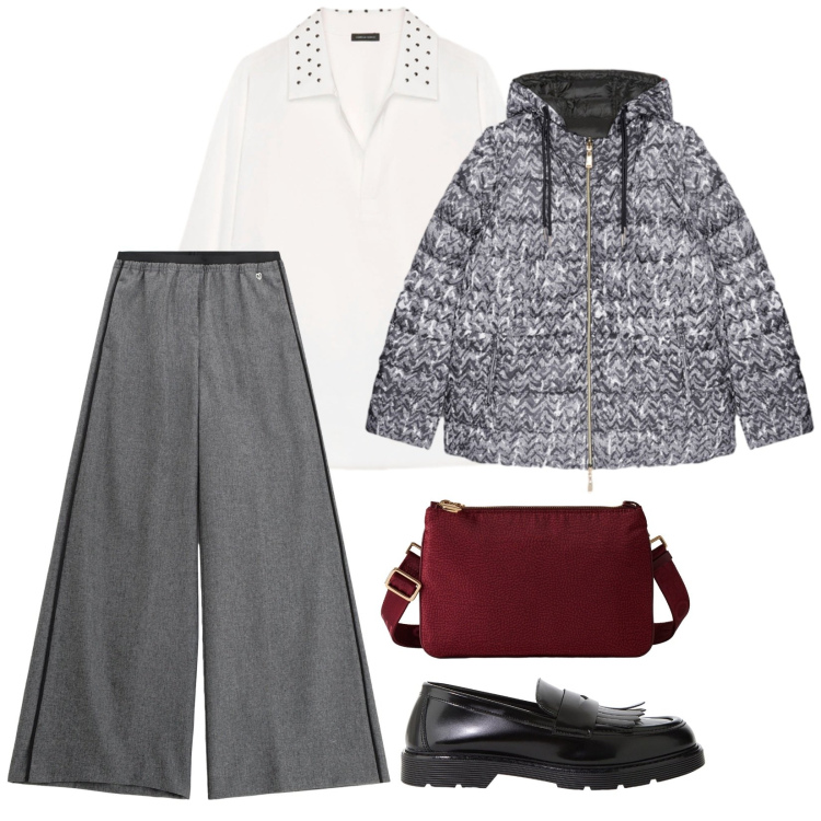 Outfit donna - È arrivato il freddo. per Tutti i giorni. Abbinamento con pantaloni, mocassini, borse a tracolla, camicie, piumini.