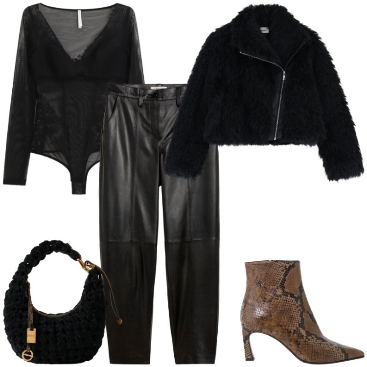 Outfit donna - Pantaloni in nappa e Body in pizzo nero. Stile Urban per Serata fuori. Abbinamento con pantaloni, cappotti, stivaletti, borse a mano, body.