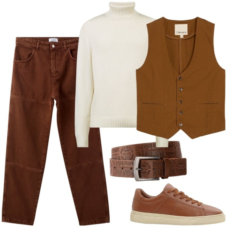 Outfit uomo - Dolcevita e gilet. Stile Casual per Ufficio. Abbinamento con sneakers, gilet, cinture, pantaloni, maglieria.