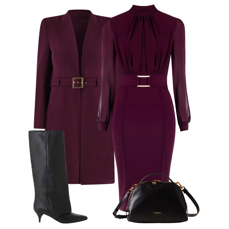 Outfit donna - Burgundy Time. Stile Glamour per Serata fuori. Abbinamento con vestiti a tubino, trench, stivali, borse a mano.