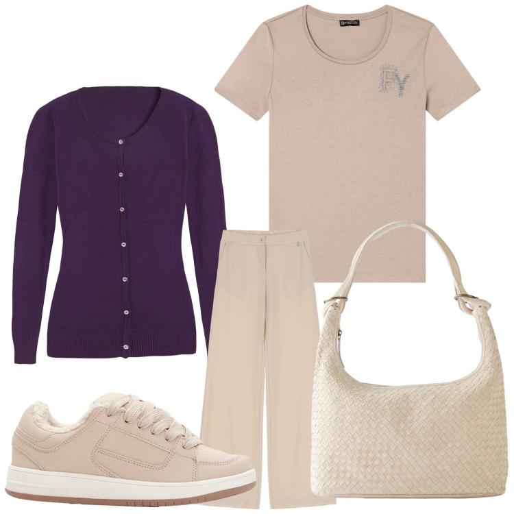 Outfit donna - Chiaro e viola. Stile Casual per Tutti i giorni. Abbinamento con shopping bag, cardigans, sneakers, pantaloni, t-shirt.