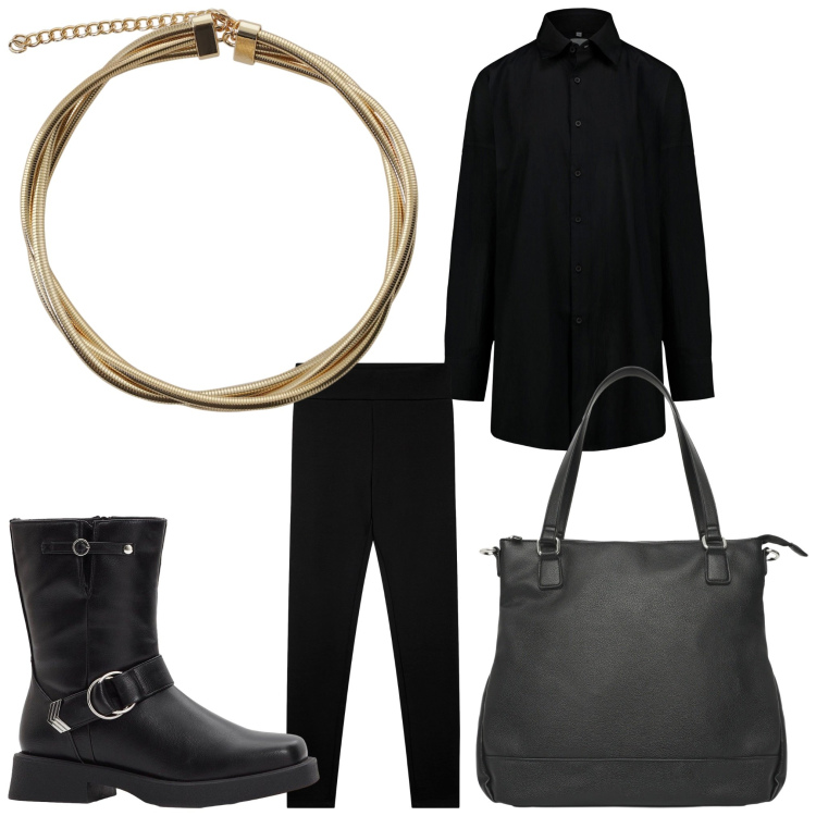 Outfit donna - Oro black. Stile Casual per Tutti i giorni. Abbinamento con stivaletti, shopping bag, leggings, collane, camicie.