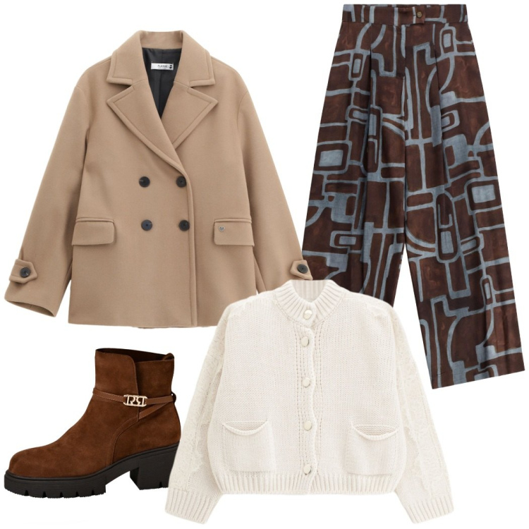 Outfit donna - In ufficio. Stile Casual chic per Ufficio. Abbinamento con pantaloni a palazzo, cardigans, cappotti, stivaletti.
