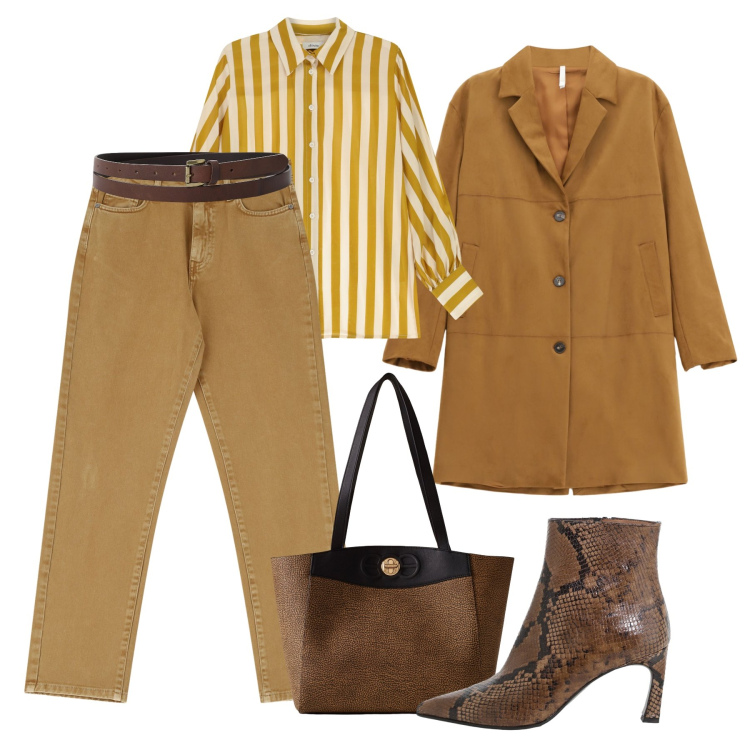 Outfit donna - La camicia senape. Stile Urban per Tutti i giorni. Abbinamento con cinture, stivaletti, pantaloni, camicie, shopping bag, cappotti.