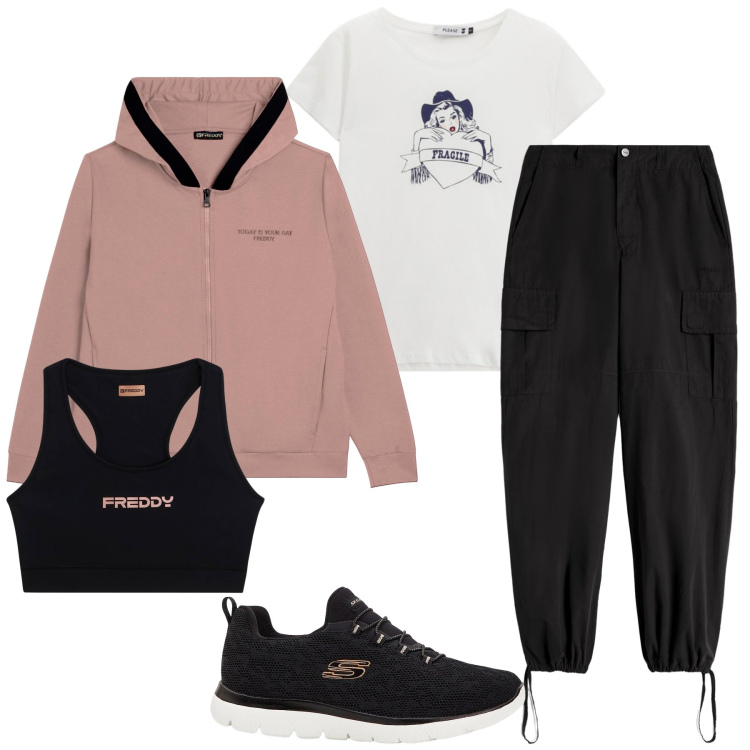 Outfit donna - Total look #2270391. Stile Sporty chic per Sport. Abbinamento con sneakers, t-shirt, pantaloni cargo, felpe con cappuccio, top sportivi.
