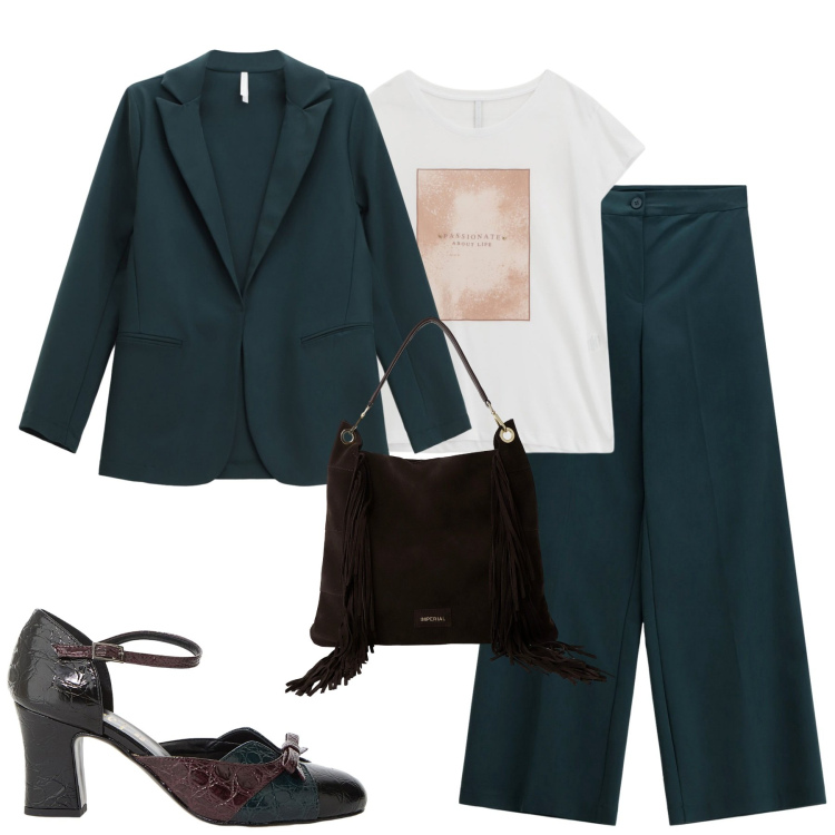 Outfit donna - Total look #2270393. Stile Urban per Tutti i giorni. Abbinamento con blazer, t-shirt, pantaloni a palazzo, borse a spalla, décolleté.