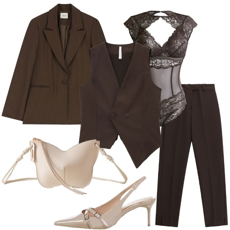 Outfit donna - Cioccolato e accessori a contrasto. Stile Mannish per Serata fuori. Abbinamento con body, décolleté, pantaloni, gilet, blazer, borse a tracolla.