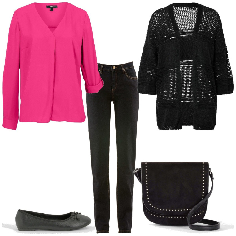 Outfit femme - Octobre rose. Style Basique pour Tous les jours. Assortir avec jean coupe droite, sacs en bandoulière, gilets, chemisiers, ballerines.