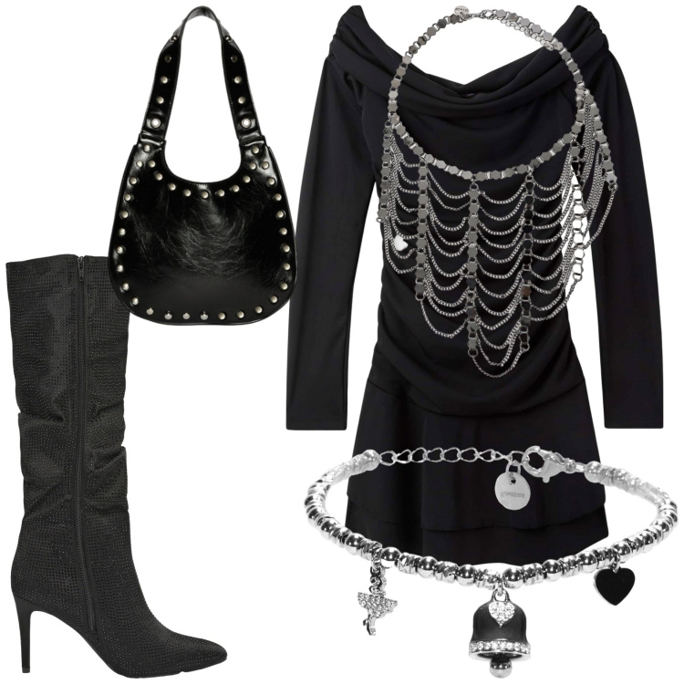 Outfit donna - Total look #2270397. Stile Trendy per Serata fuori. Abbinamento con vestiti corti, stivali, braccialetti, collane, borse a spalla.
