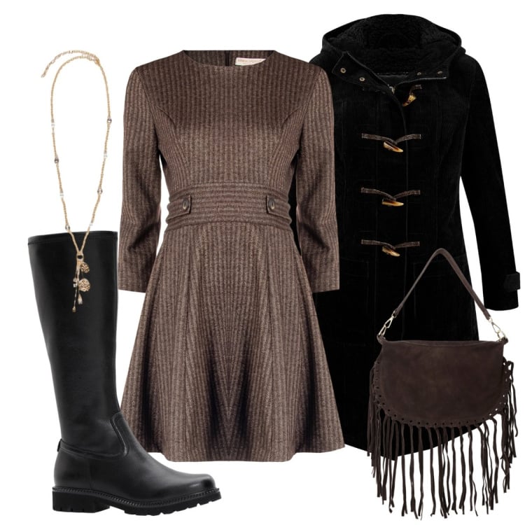 Outfit donna - Black&brown. Stile Casual per Tutti i giorni. Abbinamento con montgomery, stivali, vestiti corti, borse a tracolla, ciondoli.