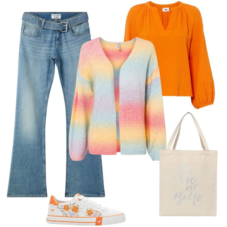Outfit donna - Arancio Halloween. Stile Etnico per Tutti i giorni. Abbinamento con sneakers, cardigans, bluse, jeans a zampa, borse tote.