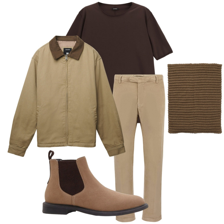 Outfit uomo - Total look #2270401. Stile Trendy per Tutti i giorni. Abbinamento con stivali e stivaletti, scaldacollo, cappotti, t-shirt, pantaloni.