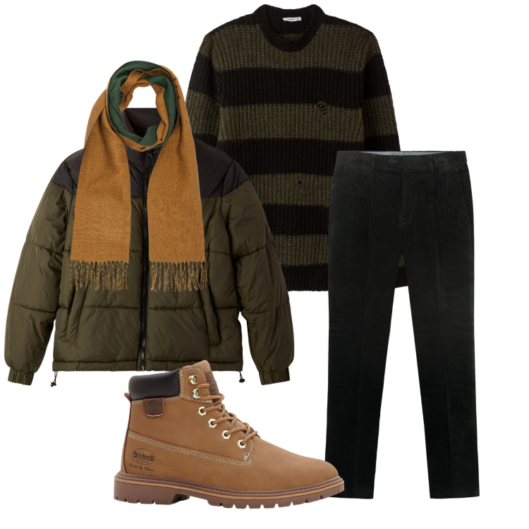 Outfit uomo - Total look #2270402. Stile Trendy per Tutti i giorni. Abbinamento con stivali e stivaletti, bomber, maglieria, pantaloni, sciarpe.