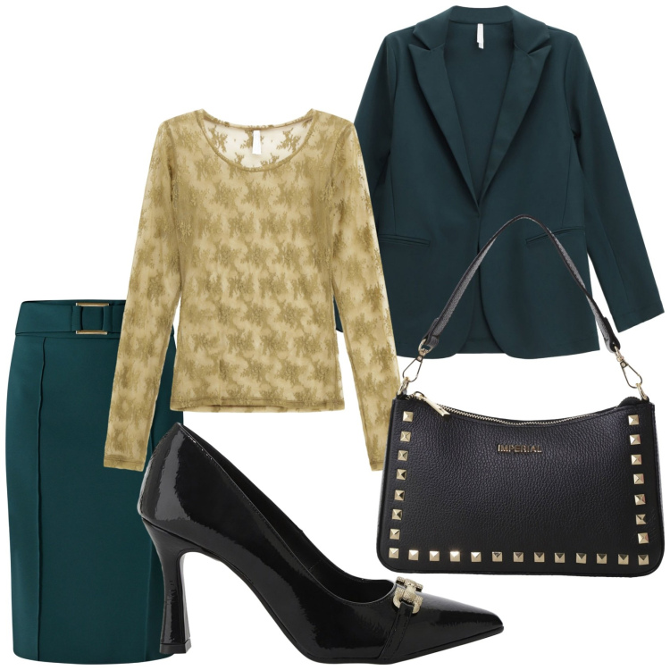 Outfit donna - Total look #2270403. Stile Chic per Serata fuori. Abbinamento con gonne, maglieria, blazer, pochette, décolleté.