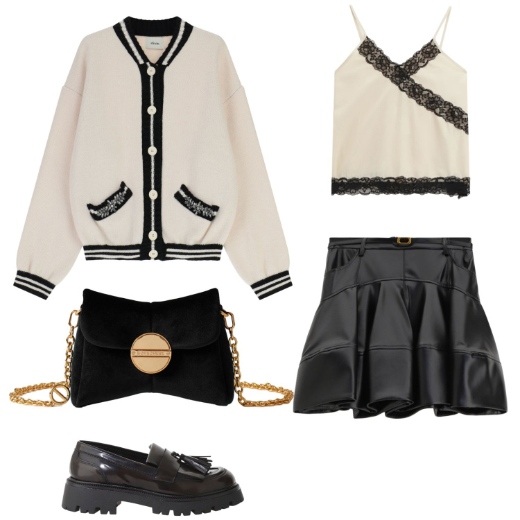 Outfit donna - Total look #2270404. Stile Glamour per Serata fuori. Abbinamento con mocassini, cardigans, top, borse a tracolla, minigonne.