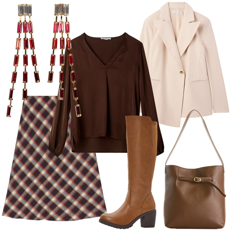 Outfit donna - Total look #2270406. Stile Chic per Tutti i giorni. Abbinamento con orecchini, stivali, borse a mano, blazer, bluse, gonne.