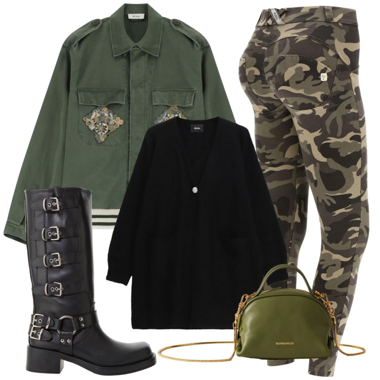 Outfit donna - Mimetico chic. Stile Military per Tutti i giorni. Abbinamento con cardigans, stivali, cappotti, pantaloni skinny, borse a mano.