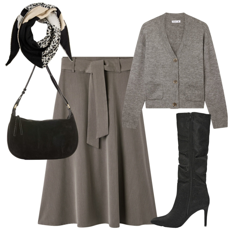 Outfit donna - Total look #2270410. Stile Minimal per Tutti i giorni. Abbinamento con borse a mano, foulard, gonne lunghe, cardigans, stivali.
