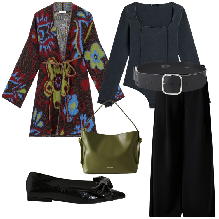 Outfit donna - Total look #2270411. Stile Chic per Tutti i giorni. Abbinamento con pantaloni a palazzo, ballerine, cardigans, cinture, body, borse a mano.