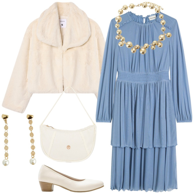 Outfit donna - Celeste. Stile Bon Ton per Tutti i giorni. Abbinamento con décolleté, orecchini, vestiti, ecopellicce, collane, borse a mano.