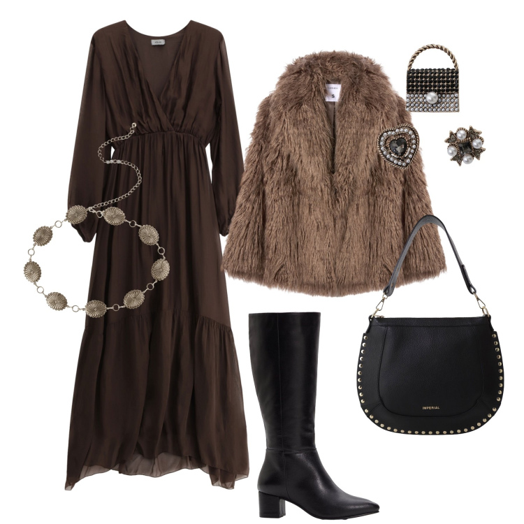 Outfit donna - Serata in autunno. Stile Chic per Serata fuori. Abbinamento con stivali, cinture, ecopellicce, vestiti lunghi, borse a spalla, accessori per capelli.