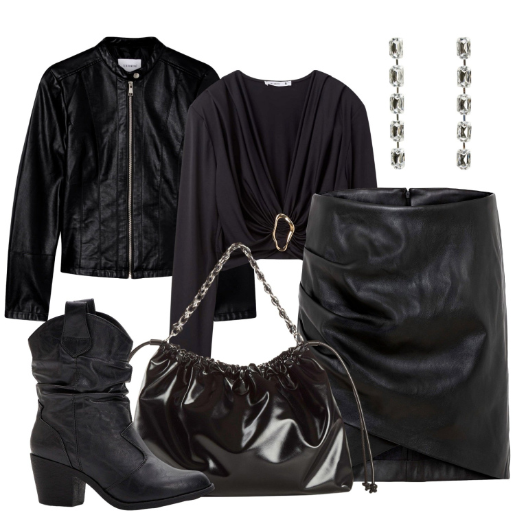 Outfit donna - Halloween style. Stile Rock per Serata fuori. Abbinamento con stivaletti texani, shopping bag, minigonne, orecchini, maglieria, giacche.