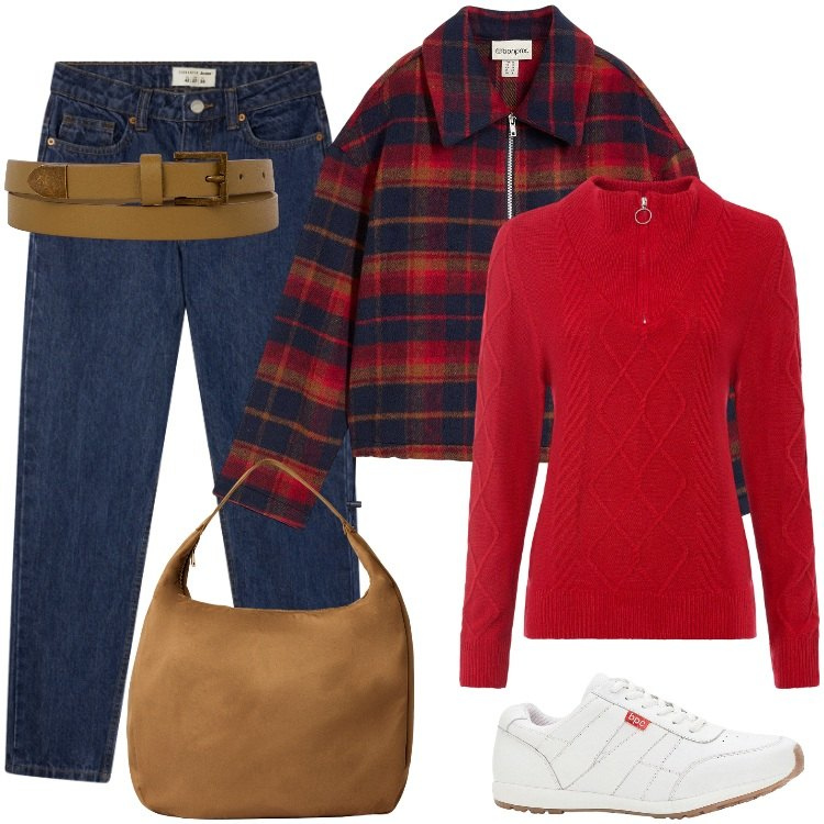 Outfit donna - Total look #2270420. Stile Basic per Tutti i giorni. Abbinamento con sneakers, blazer, maglieria, borse a mano, jeans mom, cinture.