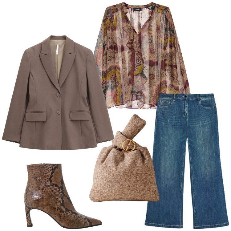 Outfit donna - Total look #2270421. Stile Casual chic per Serata fuori. Abbinamento con blazer, camicie, stivaletti, borse a mano, jeans dritti.