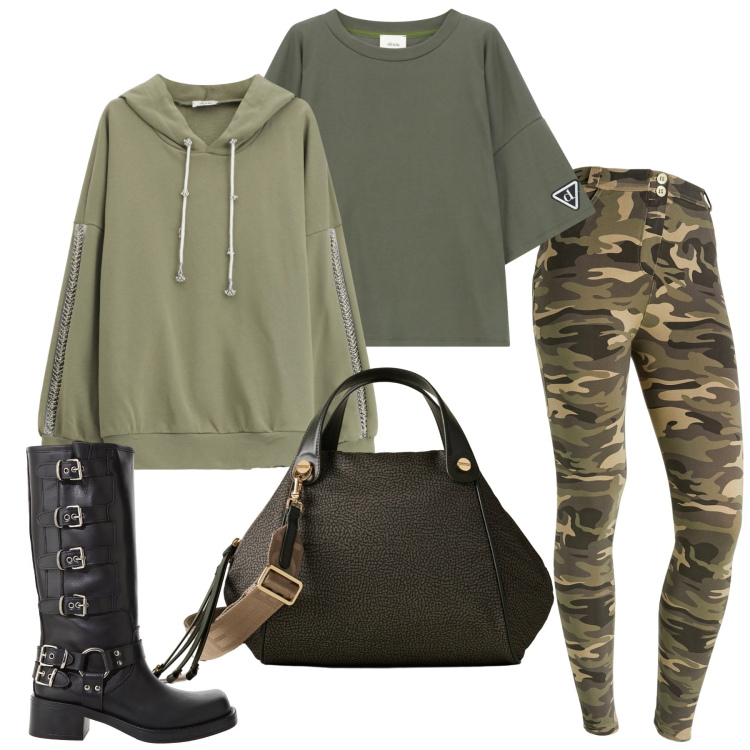 Outfit donna - Total look #2270423. Stile Sporty chic per Tutti i giorni. Abbinamento con stivali, t-shirt, felpe con cappuccio, borse a mano, pantaloni skinny.