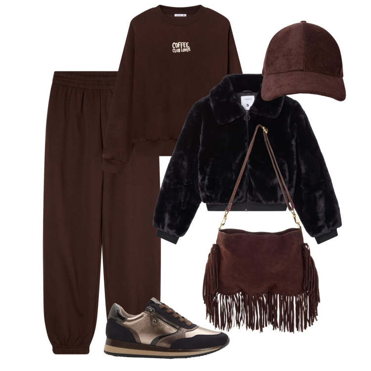 Outfit donna - Tempo libero. Stile Casual per Tutti i giorni. Abbinamento con sneakers, borse a tracolla, pantaloni, cappelli con visiera, ecopellicce, felpe.