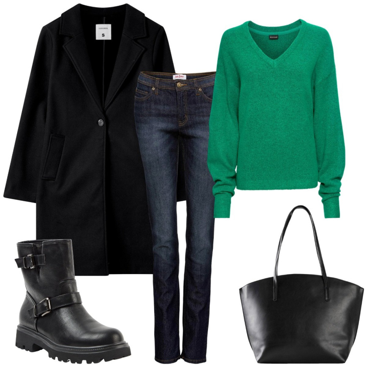 Outfit donna - Verde speranza. Stile Basic per Serata fuori. Abbinamento con jeans mom, maglieria, shopping bag, stivaletti, cappotti.
