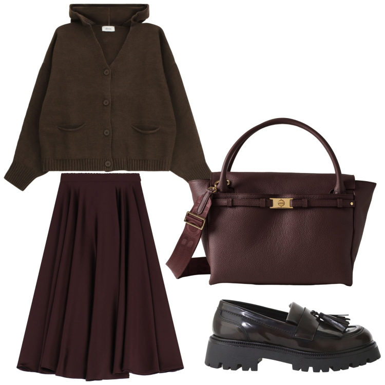 Outfit donna - Mr. Brown. Stile Casual chic per Ufficio. Abbinamento con mocassini, cardigans, borse a mano, gonne longuette.