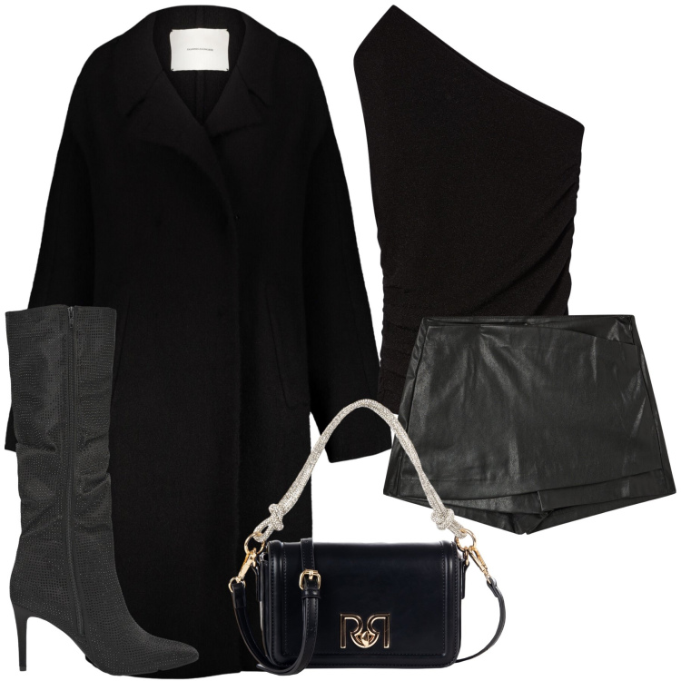Outfit donna - Una serata in discoteca. Stile Glamour per Serata fuori. Abbinamento con minigonne, stivali, top, borse a mano, cappotti.