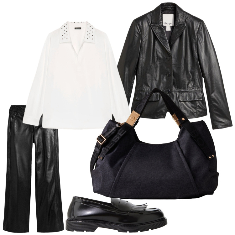 Outfit donna - Black skin. Stile Casual chic per Serata fuori. Abbinamento con pantaloni, blazer, mocassini, borse a mano, camicie.