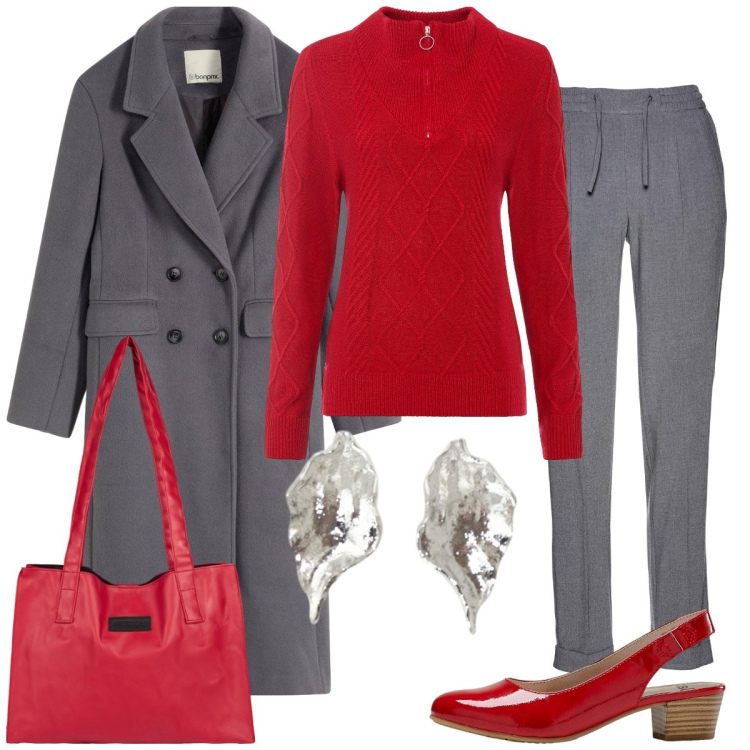 Outfit donna - Rosso. Stile Basic per Serata fuori. Abbinamento con maglieria, décolleté, cappotti, pantaloni, shopping bag, orecchini.