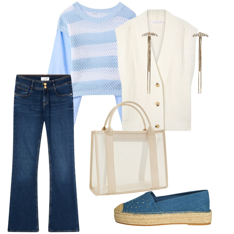 Outfit donna - Total Terranova. Stile Casual per Tutti i giorni. Abbinamento con orecchini, borse tote, maglieria, espadrillas, jeans a zampa, gilet.