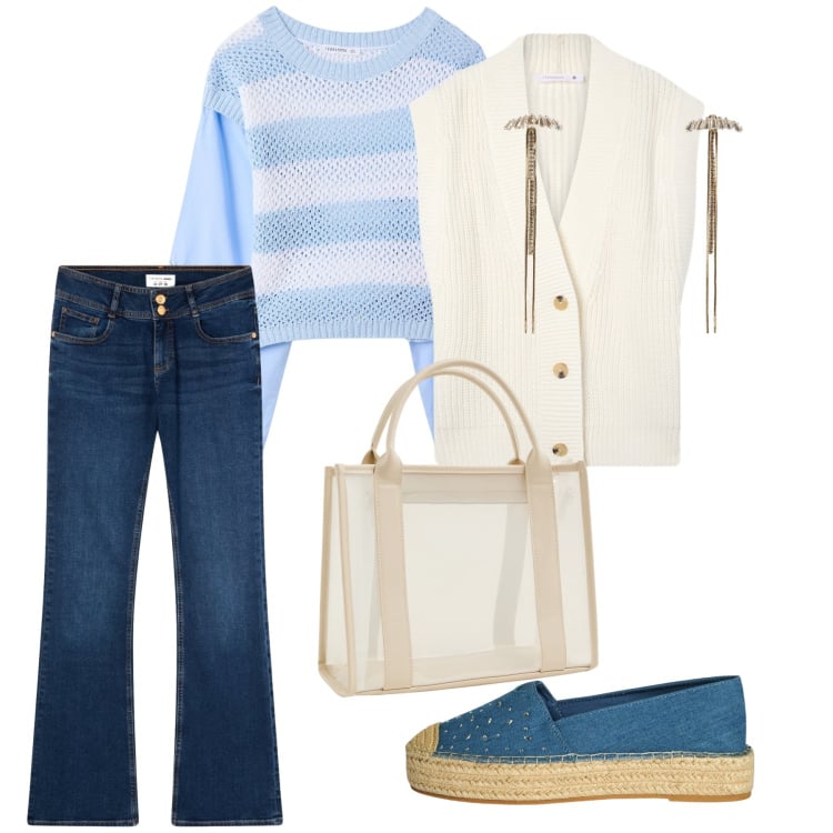 Outfit donna - Total Terranova. Stile Casual per Tutti i giorni. Abbinamento con jeans a zampa, borse tote, gilet, maglieria, orecchini, espadrillas.