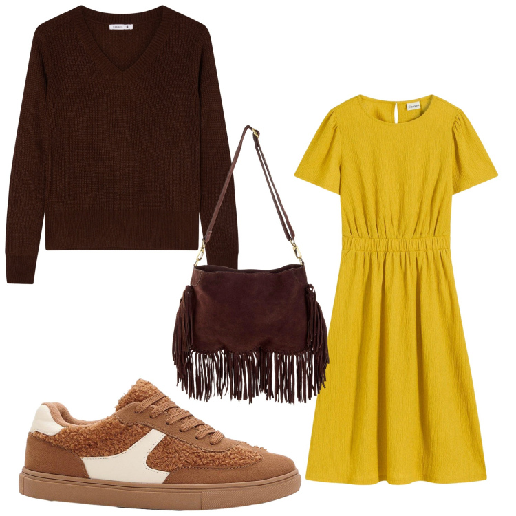 Outfit donna - Senape sporty. Stile Sporty chic per Tutti i giorni. Abbinamento con vestiti, sneakers, borse a tracolla, maglieria.
