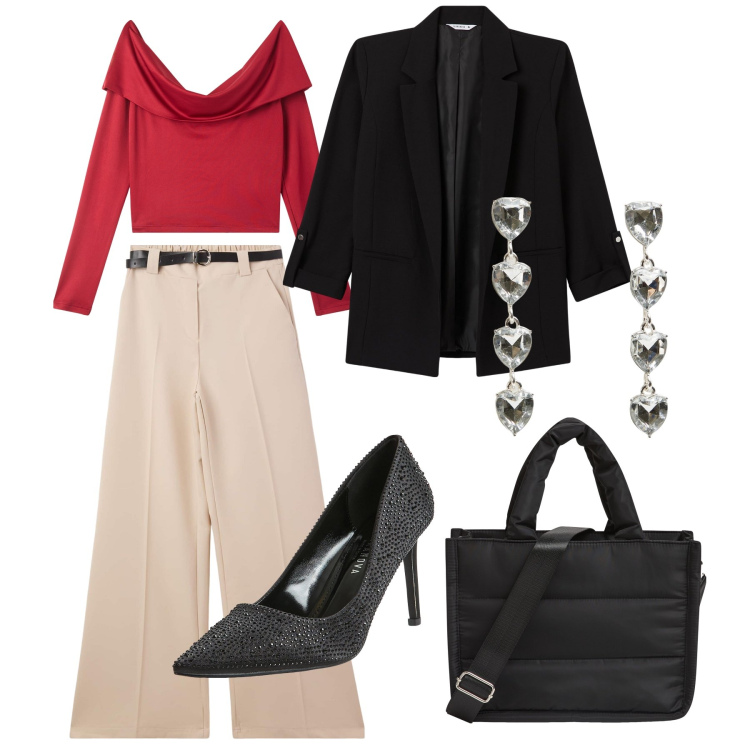 Outfit donna - Total look #2270444. Stile Basic per Ufficio. Abbinamento con pantaloni, blazer, shopping bag, décolleté, orecchini, t-shirt.
