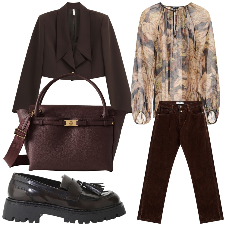 Outfit donna - Fondente. Stile Casual chic per Ufficio. Abbinamento con pantaloni, blazer, camicie, mocassini, borse a mano.