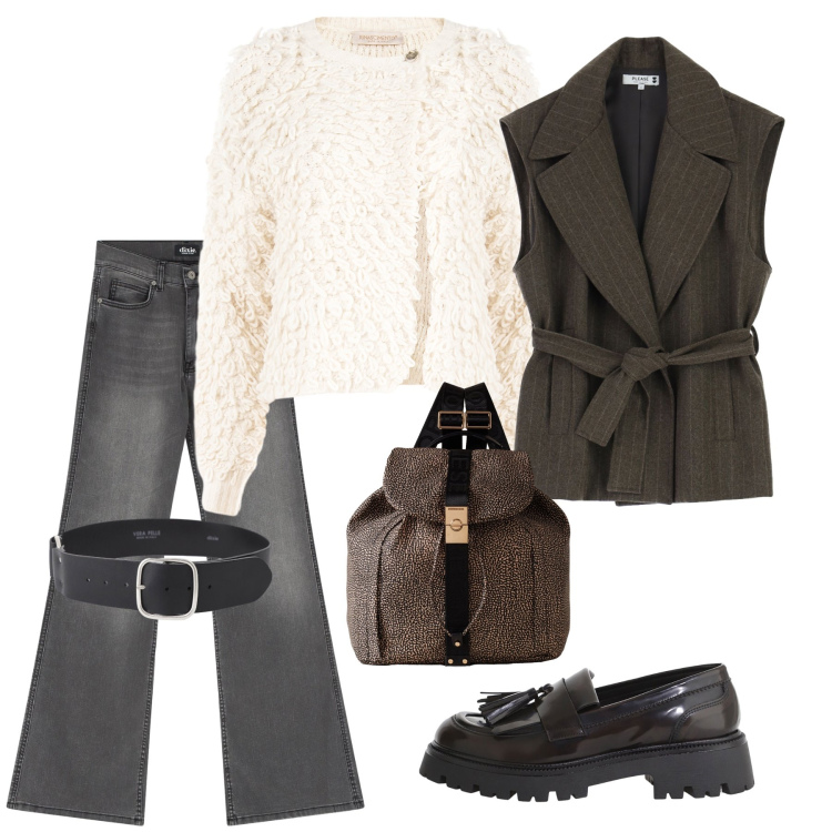 Outfit donna - Il cardigan panna. Stile Casual per Ufficio. Abbinamento con cardigans, gilet, jeans a zampa, cinture, mocassini, zaini.