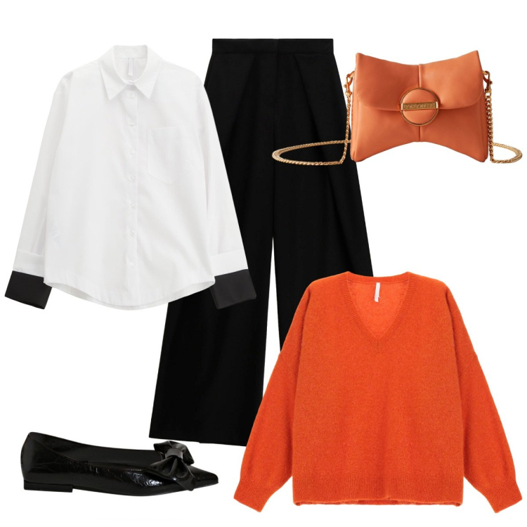 Outfit donna - La borsa fiocco. Stile Basic per Serata fuori. Abbinamento con ballerine, camicie, maglieria, pantaloni a palazzo, pochette.
