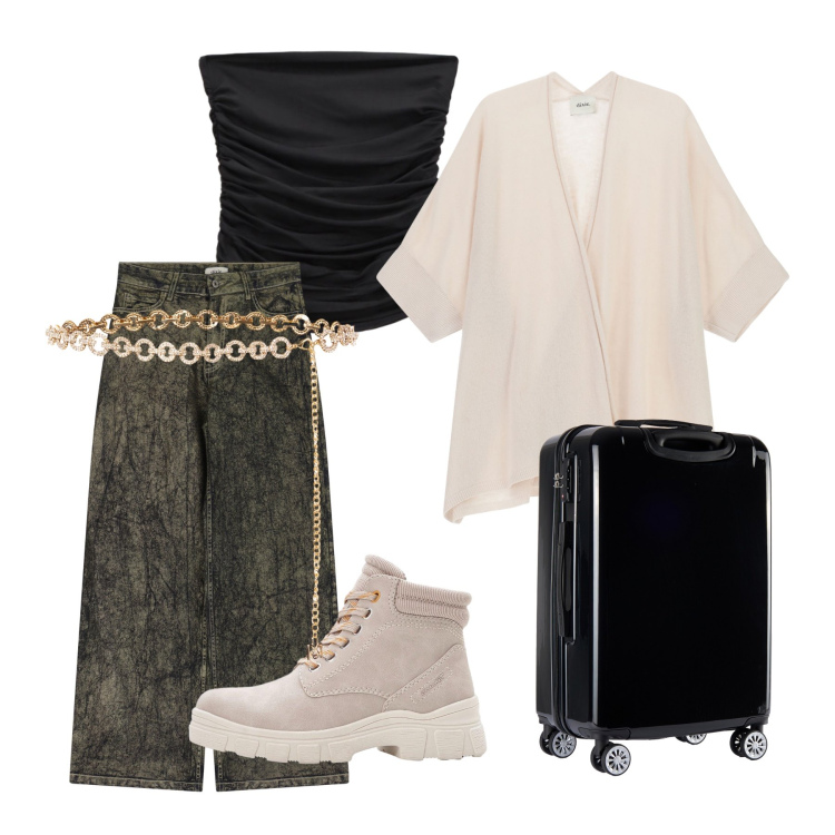 Outfit donna - Total look #2270449. Stile Casual per Tutti i giorni. Abbinamento con stivaletti, jeans, cardigans, top, cinture, valigie.