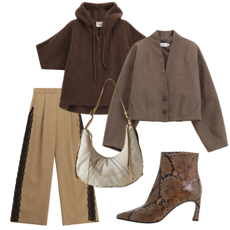 Outfit donna - Nuance. Stile Casual chic per Tutti i giorni. Abbinamento con blazer, pantaloni a palazzo, cardigans, stivaletti, borse a spalla.