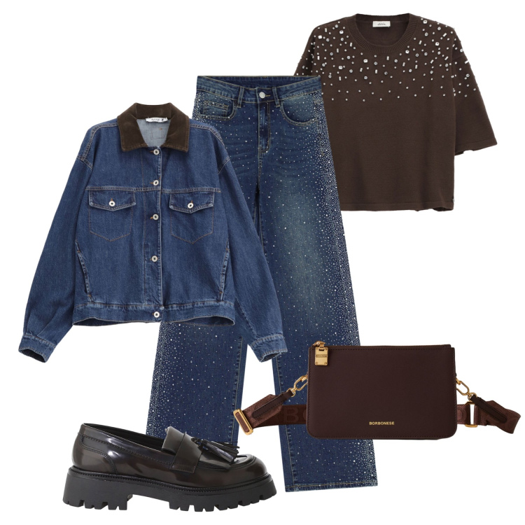 Outfit donna - Strass di giorno. Stile Urban per Tutti i giorni. Abbinamento con blazer, mocassini, jeans, maglieria, borse a tracolla.
