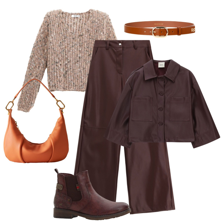 Outfit donna - Pelle bordeaux. Stile Trendy per Tutti i giorni. Abbinamento con stivaletti chelsea, maglieria, pantaloni a palazzo, blazer, borse a spalla, cinture.