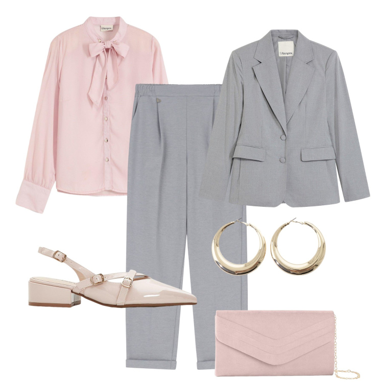 Outfit donna - Cerimonia all’improvviso. Stile Chic per Cerimonia. Abbinamento con décolleté, pochette, camicie, blazer, pantaloni, orecchini.