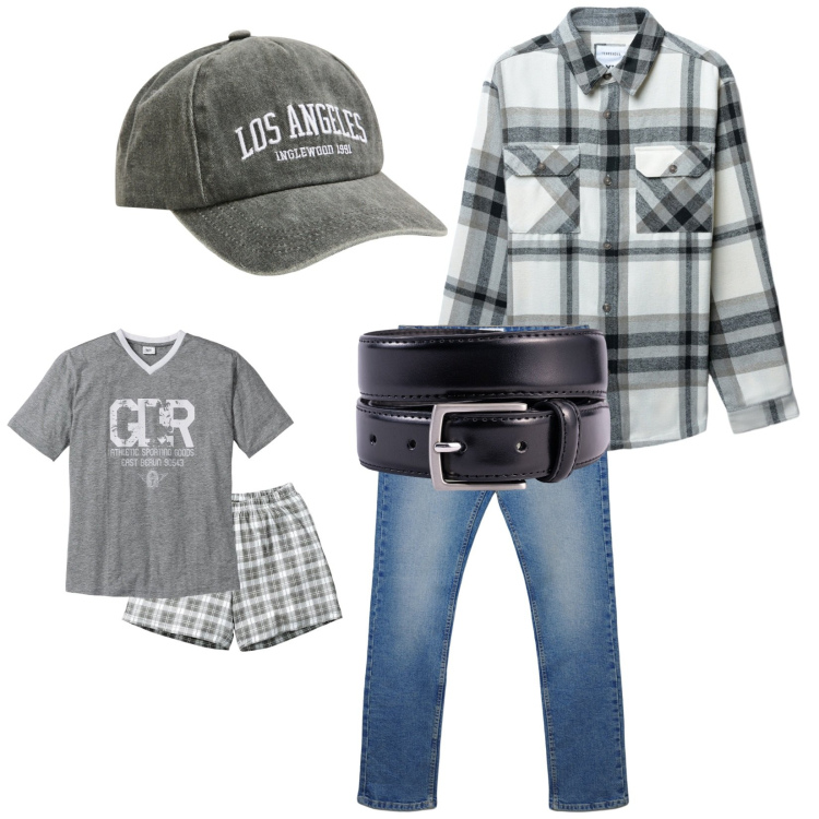 Outfit uomo - Total look #2270467. Stile Trendy per Tutti i giorni. Abbinamento con abbigliamento da notte, cappelli con visiera, cappotti, jeans dritti, cinture.